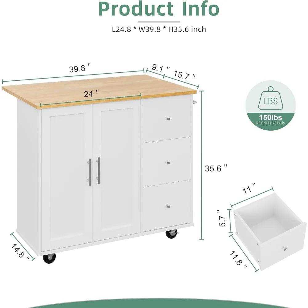 Rolling kitchen island cart with foldable deciduous breakfast bar