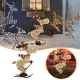 A collection of lighted skiing reindeer Christmas yard decorations with LED lights, displayed in both indoor and outdoor settings.