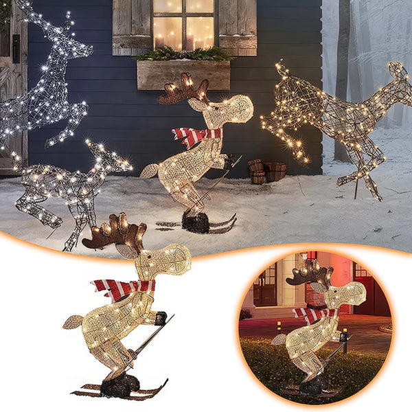 A collection of lighted skiing reindeer Christmas yard decorations with LED lights, displayed in both indoor and outdoor settings.
