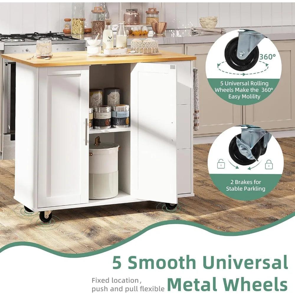 Rolling kitchen island cart with foldable deciduous breakfast bar