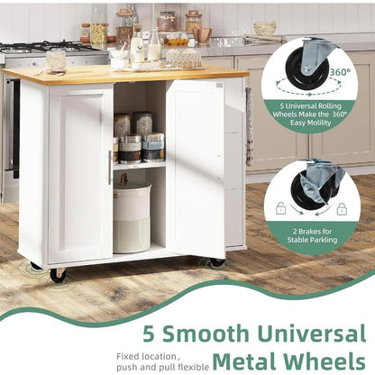 Rolling kitchen island cart with foldable deciduous breakfast bar