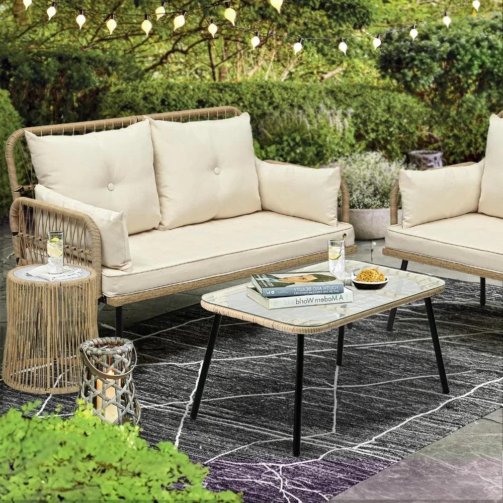 Outdoor double sofa with wicker slats