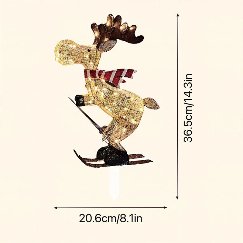 A collection of lighted skiing reindeer Christmas yard decorations with LED lights, displayed in both indoor and outdoor settings.