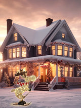 A collection of lighted skiing reindeer Christmas yard decorations with LED lights, displayed in both indoor and outdoor settings.