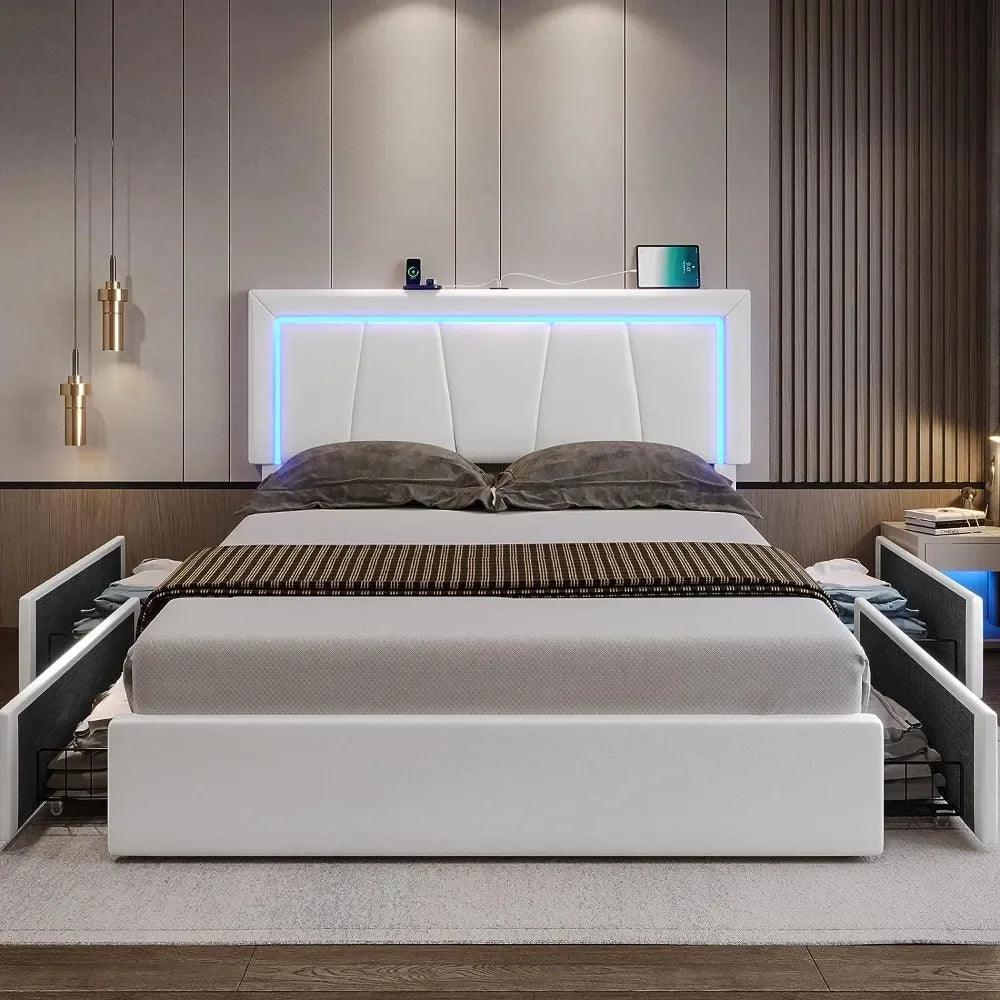 Queen Size LED Bed Frame, with Storage Drawer and USB Port