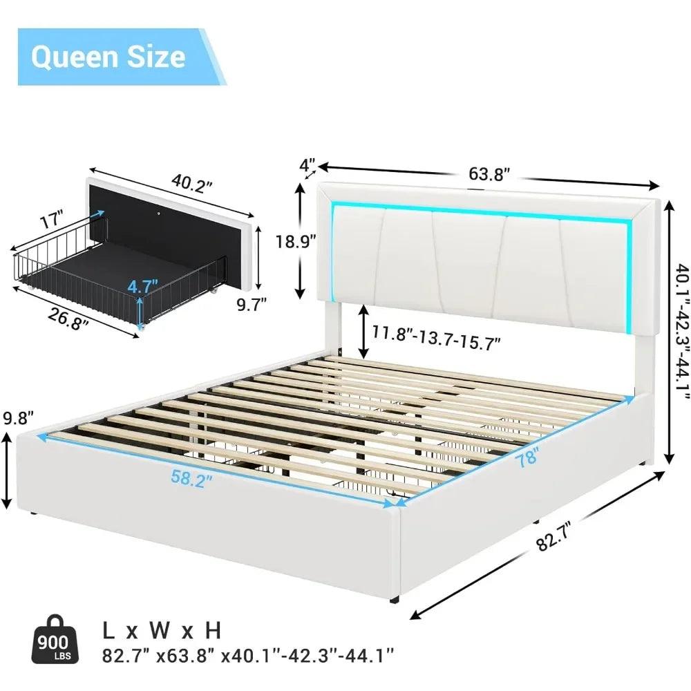 Queen Size LED Bed Frame, with Storage Drawer and USB Port