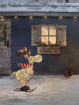 A collection of lighted skiing reindeer Christmas yard decorations with LED lights, displayed in both indoor and outdoor settings.
