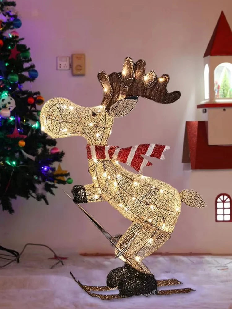 A collection of lighted skiing reindeer Christmas yard decorations with LED lights, displayed in both indoor and outdoor settings.