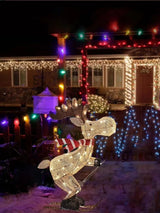 A collection of lighted skiing reindeer Christmas yard decorations with LED lights, displayed in both indoor and outdoor settings.