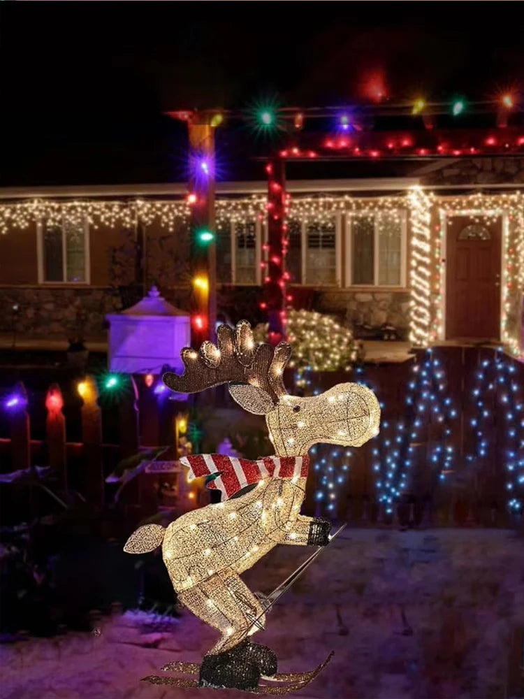 A collection of lighted skiing reindeer Christmas yard decorations with LED lights, displayed in both indoor and outdoor settings.