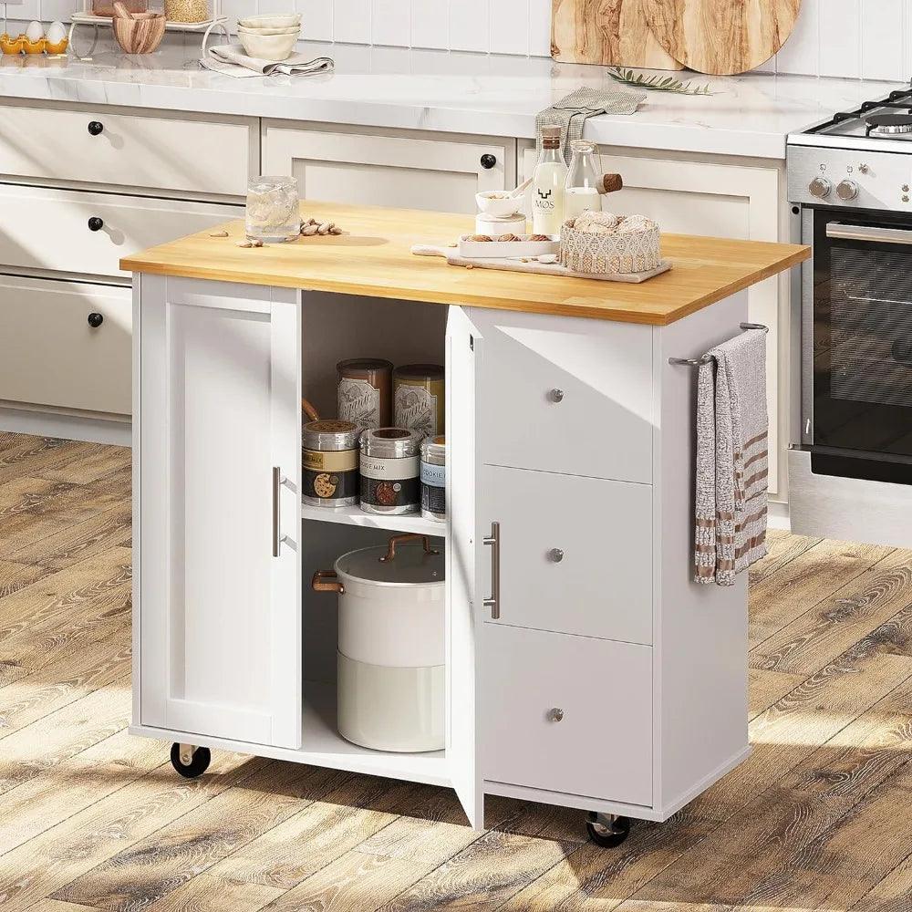 Rolling kitchen island cart with foldable deciduous breakfast bar