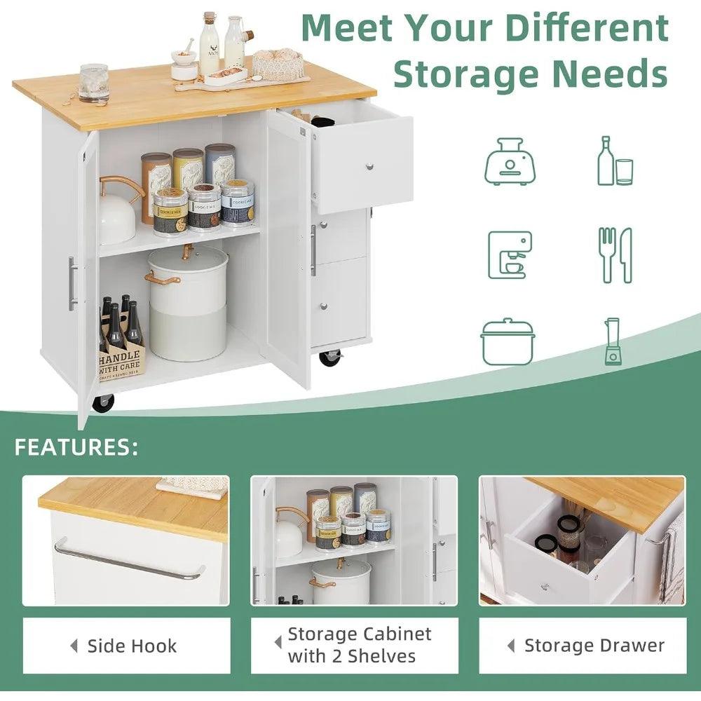 Rolling kitchen island cart with foldable deciduous breakfast bar