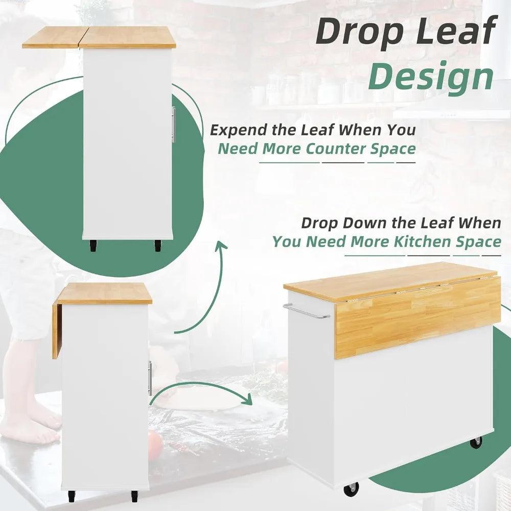 Rolling kitchen island cart with foldable deciduous breakfast bar