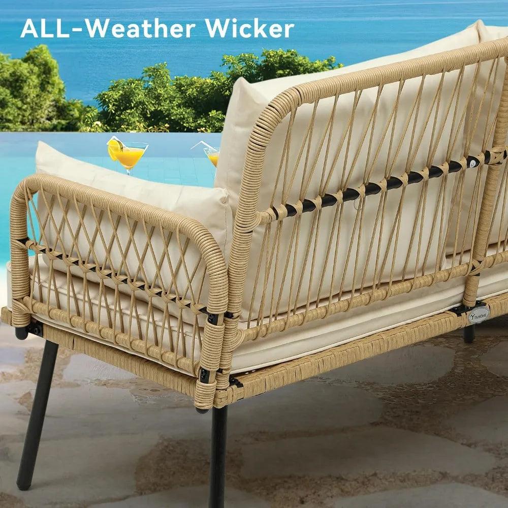 Outdoor double sofa with wicker slats