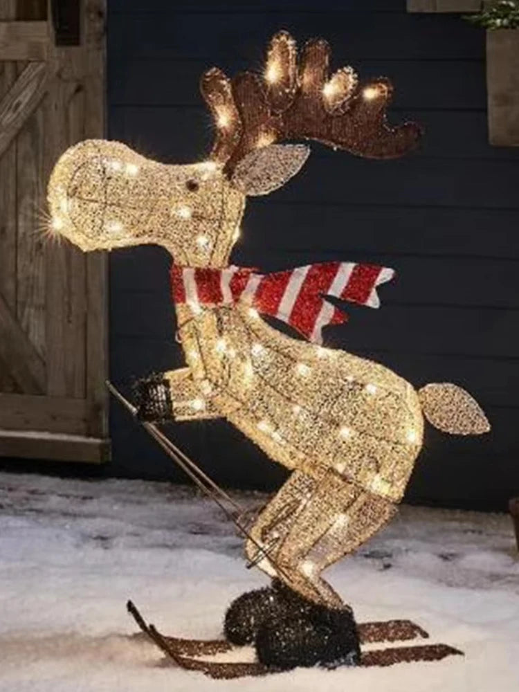 A collection of lighted skiing reindeer Christmas yard decorations with LED lights, displayed in both indoor and outdoor settings.